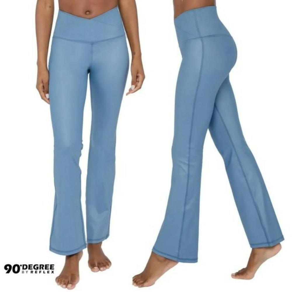 NWT 90 Degree By Reflex Crossover Waistband Faux Leather Flared Leg Yoga Pants